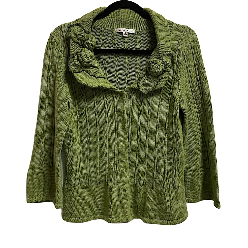 Cabi 871 Rosette Cardigan Sweater Ribbed Green S